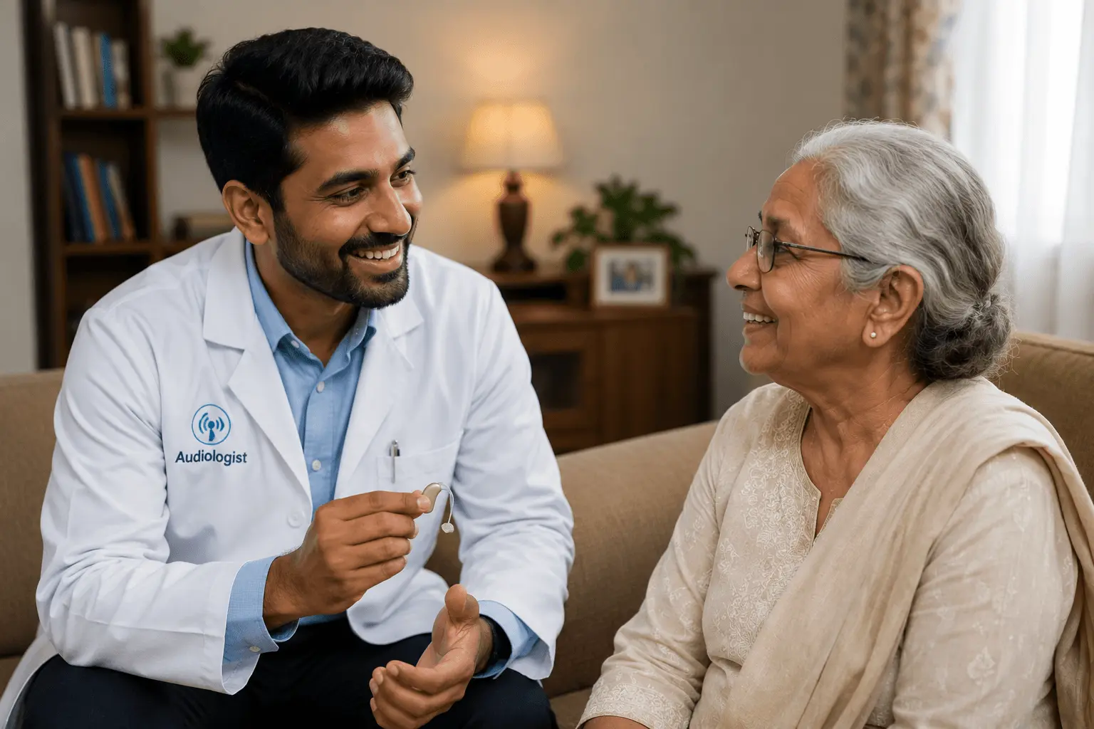 Indian audiologist visiting elderly patient at home in Kerala