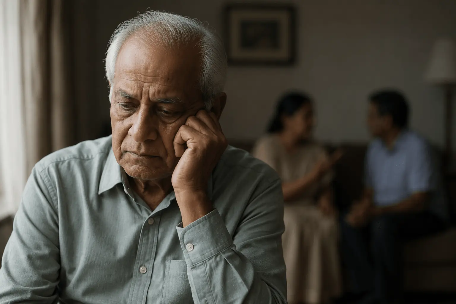 Elderly Indian man feeling isolated due to hearing loss