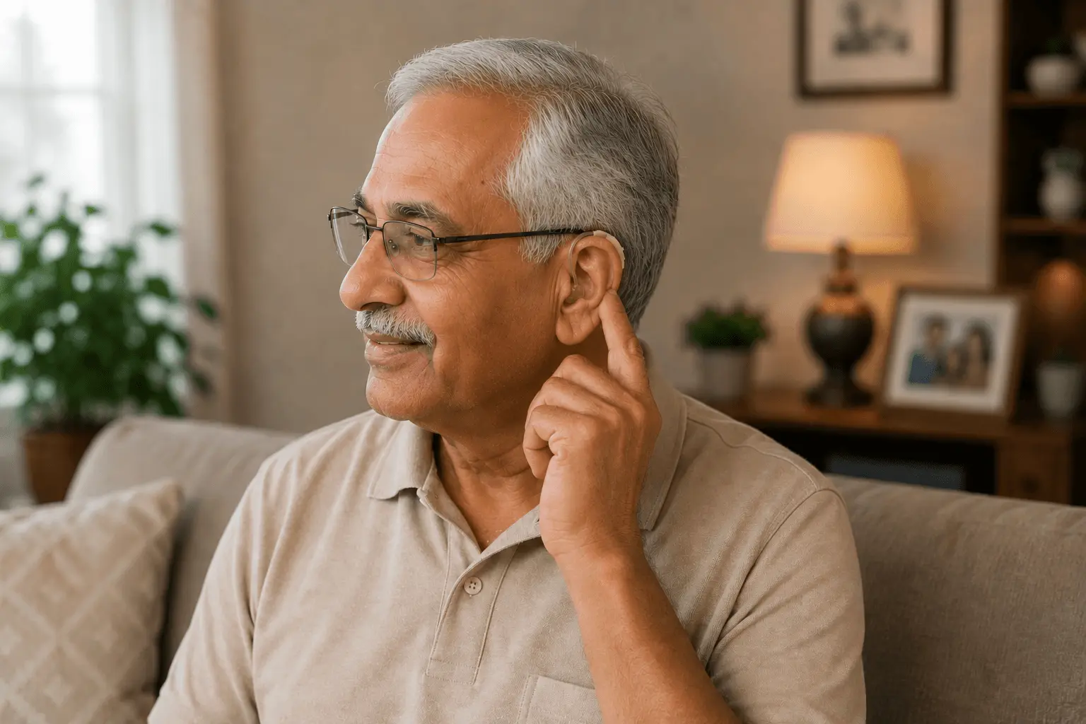 Indian senior adjusting hearing aid confidently at home